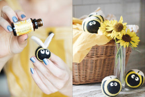 Collage of two images: on the left a hand drops essential oil on a bee eco freshener. On the right, a laundry basket with black, yellow and white bee dryer balls.